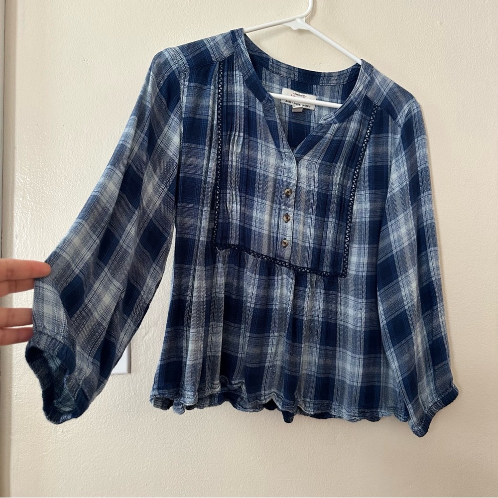 Wrangler Women Blouse Plaid Babydoll Country Cowgirl Western Rodeo Blue Sz Small